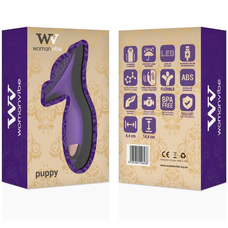 Stimolatore per cuccioli WOMANVIBE in silicone ricaricabile, elegante design e materiali sicuri per il benessere.