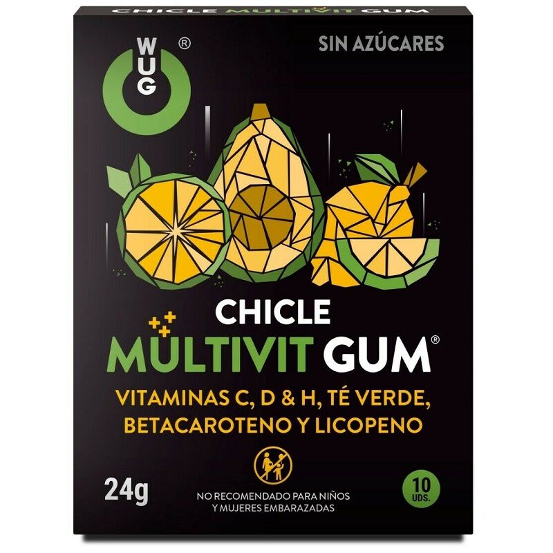 Multivitamin WUG GUM con vitamina C, H, D, beta-carotene, licopene e tè verde in confezione da 10 unità.