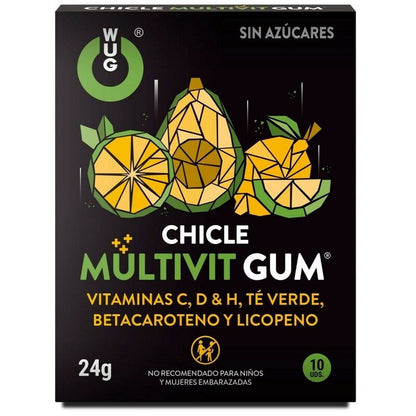 Multivitamin WUG GUM con vitamina C, H, D, beta-carotene, licopene e tè verde in confezione da 10 unità.