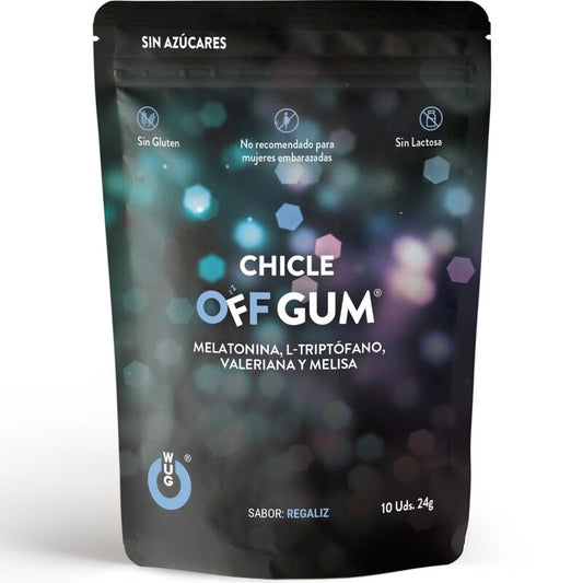 Gomma da masticare WUG GUM OFF con valeriana, triptofano, melissa e melatonina, confezione da 10 unità, naturale e rilassante.