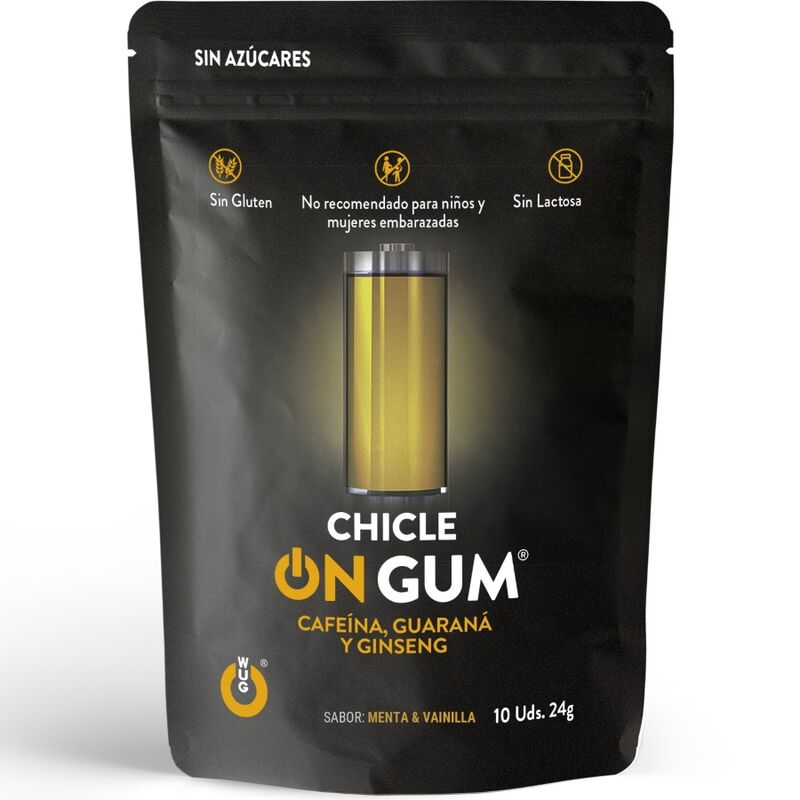 Gusto di chewing gum WUG GUM con caffeina, ginseng e guarana, confezione da 10 pezzi, snack energizzante e rinfrescante.