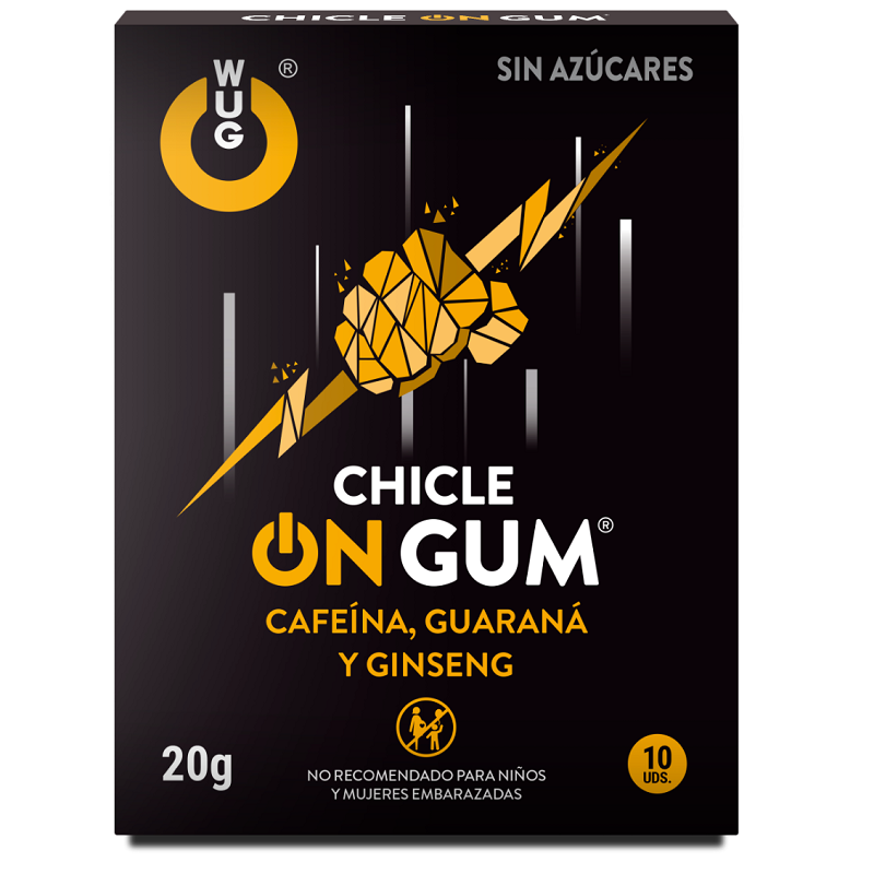 Gomme WUG GUM con caffeina, ginseng e guaranà, confezione da 10 pezzi, snack energizzante e rinfrescante.