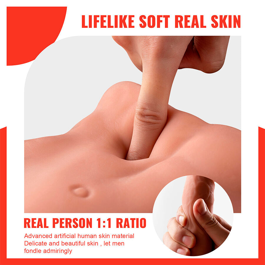 Dildo realistico XISE Bertlett, 18 cm, con design anale e masturbatore, in posizione frontale, con spinta.