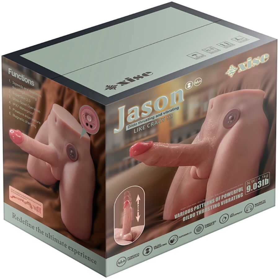 Dildo masturbatore realistico XISE Jason con spinta e vibrazione, lunghezza di 17 cm, dettagli realistici e texture interna visibile.